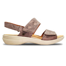 Load image into Gallery viewer, Champagne Brown With Beige Sole Revere Women&#39;s Como Snake Print Leather Triple Strap Sandal Side View
