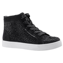 Load image into Gallery viewer, Black With White Sole Nina Doll Cossette Microsuede With Rhinestones Casual Hi Top Sneaker Girl Sizes 13 And 1 to 6 Profile View
