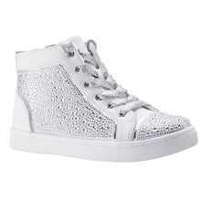 Load image into Gallery viewer, White With Silver Nina Doll Cossette Microsuede With Rhinestones Casual Hi Top Sneaker Girl Sizes 13 And 1 to 6 Profile View
