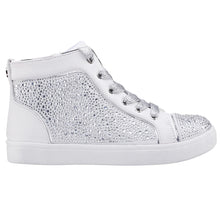 Load image into Gallery viewer, White With Silver Nina Doll Cossette Microsuede With Rhinestones Casual Hi Top Sneaker Girl Sizes 13 And 1 to 6 Side View
