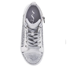 Load image into Gallery viewer, White With Silver Nina Doll Cossette Microsuede With Rhinestones Casual Hi Top Sneaker Girl Sizes 13 And 1 to 6 Top View
