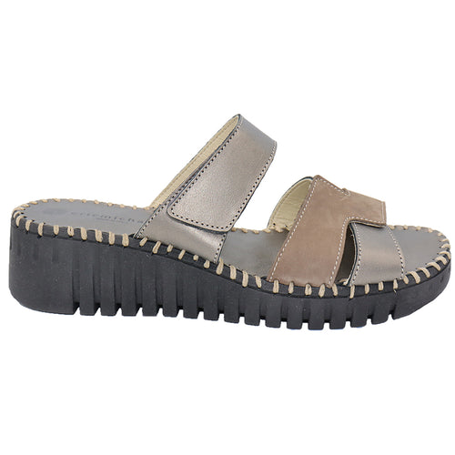 Pewter And Tan With Black Sole Eric Michael Darien Leather And Metallic Leather Triple Strap Slide Wedge Sandal