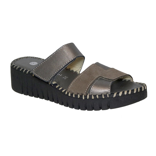 Pewter And Tan With Black Sole Eric Michael Darien Leather And Metallic Leather Triple Strap Slide Wedge Sandal Profile View