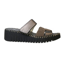 Load image into Gallery viewer, Pewter And Tan With Black Sole Eric Michael Darien Leather And Metallic Leather Triple Strap Slide Wedge Sandal Side View
