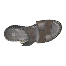 Load image into Gallery viewer, Pewter And Tan With Black Sole Eric Michael Darien Leather And Metallic Leather Triple Strap Slide Wedge Sandal Top View
