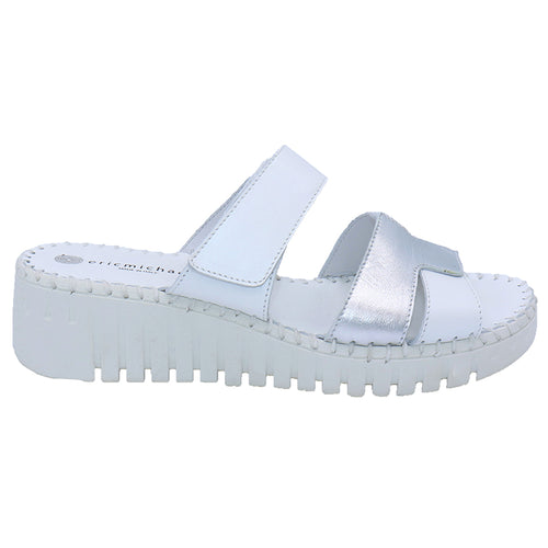 White And Silver Eric Michael Darien Leather And Metallic Leather Triple Strap Slide Wedge Sandal