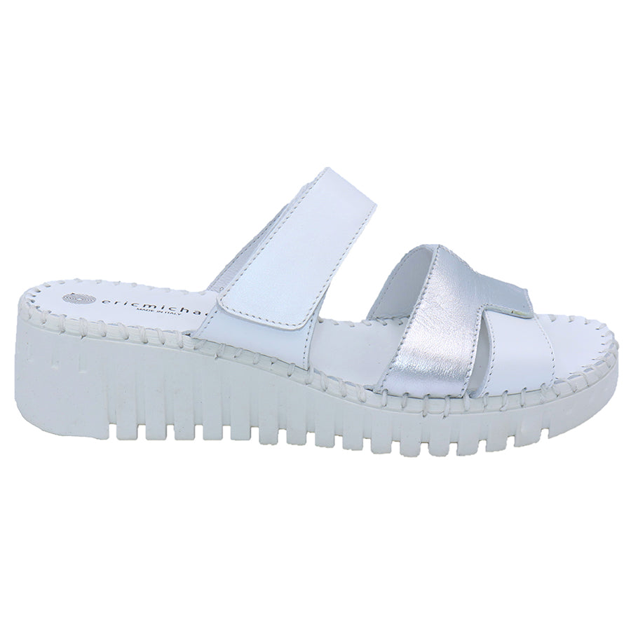 White And Silver Eric Michael Darien Leather And Metallic Leather Triple Strap Slide Wedge Sandal