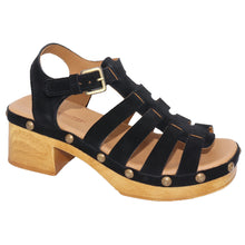 Load image into Gallery viewer, Black Eric Michael Women&#39;s Desi Suede Strappy Block Heel Clog Sandal Profile View
