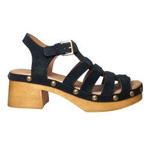 Load image into Gallery viewer, Black Eric Michael Women&#39;s Desi Suede Strappy Block Heel Clog Sandal Side View
