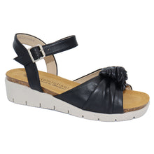 Load image into Gallery viewer, Black With White Sole Eric Michael Women&#39;s Dia Leather Quarter Strap Wedge Sandal Profile View
