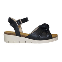 Load image into Gallery viewer, Black With White Sole Eric Michael Women&#39;s Dia Leather Quarter Strap Wedge Sandal Side View
