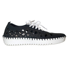 Load image into Gallery viewer, Black With White Sole Eric Michaels Women&#39;s Suede With Geometric Perforations Casual Sneaker Side View
