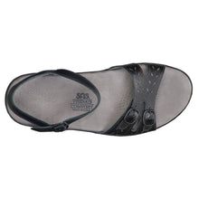 Load image into Gallery viewer, Black SAS Women&#39;s Duo Tripad Leather With Cut Outs Quarter Strap Sandal Flat Top View
