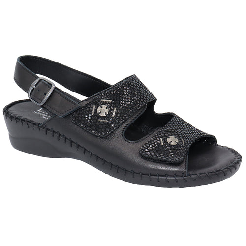 Black Eric Michael Women's Dusty Leather And Snake Print Leather Triple Strap Sandal