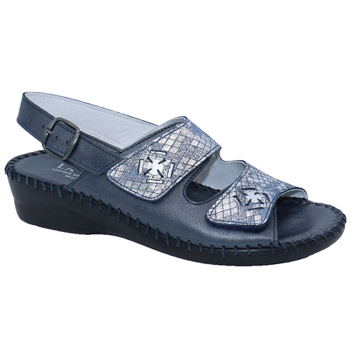 Navy Dark Blue With Black Sole Eric Michael Women's Dusty Leather And Cross Hatch Print Metallic Leather Triple Strap Sandal