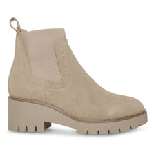 Load image into Gallery viewer, Sand Beige Blondo Women&#39;s Dyme Waterproof Suede And Fabric Block Heel Slip On Ankle Bootie Side View
