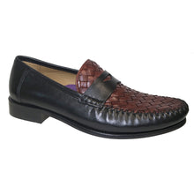 Load image into Gallery viewer, Black And Luggage Brown Robert Zur Men&#39;s Eli Penny Leather And Woven Leather Penny Loafer Profile View
