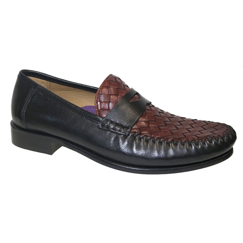 Black And Luggage Brown Robert Zur Men's Eli Penny Leather And Woven Leather Penny Loafer Profile View