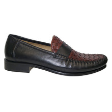 Load image into Gallery viewer, Black And Luggage Brown Robert Zur Men&#39;s Eli Penny Leather And Woven Leather Penny Loafer Sole View
