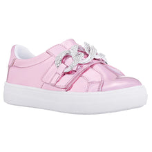 Load image into Gallery viewer, Pink With White Sole Nina Doll Girl&#39;s Emaleigh Synthetic Metallic Casual Sneaker Strap Closure With Rhinestone Chain Ornament Sizes 10 to 13 and 1 to 6 Profile View
