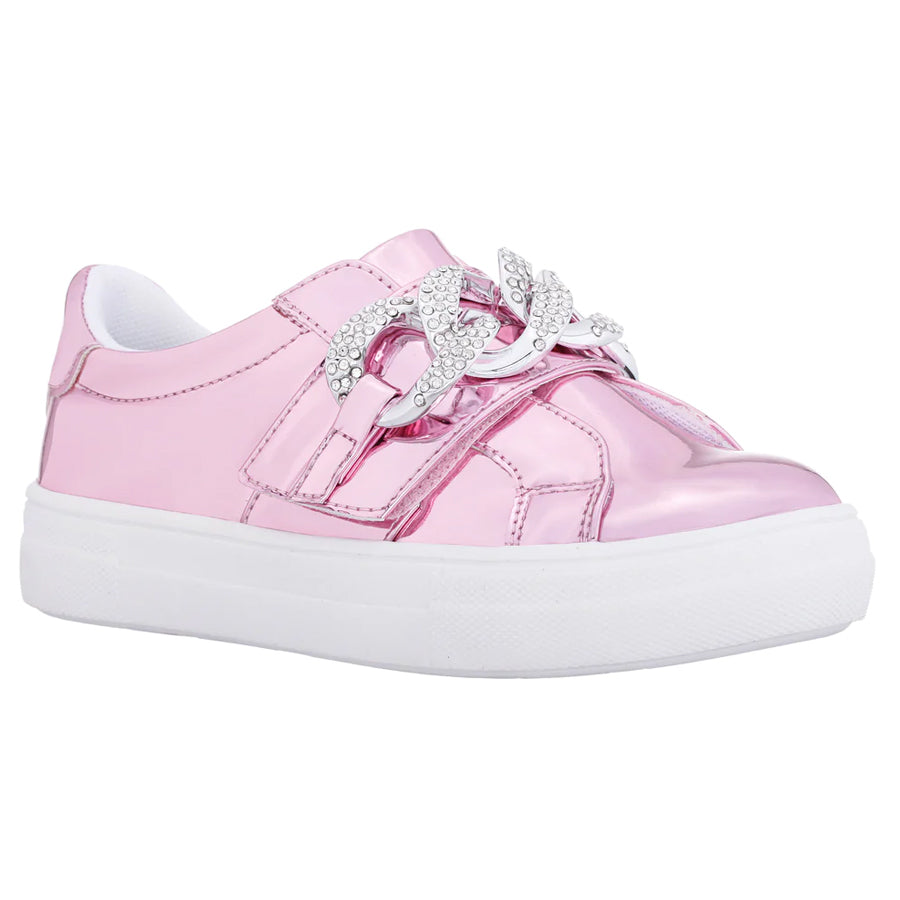 Pink With White Sole Nina Doll Girl's Emaleigh Synthetic Metallic Casual Sneaker Strap Closure With Rhinestone Chain Ornament Sizes 10 to 13 and 1 to 6 Profile View