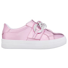 Load image into Gallery viewer, Pink With White Sole Nina Doll Girl&#39;s Emaleigh Synthetic Metallic Casual Sneaker Strap Closure With Rhinestone Chain Ornament Sizes 10 to 13 and 1 to 6 Side View
