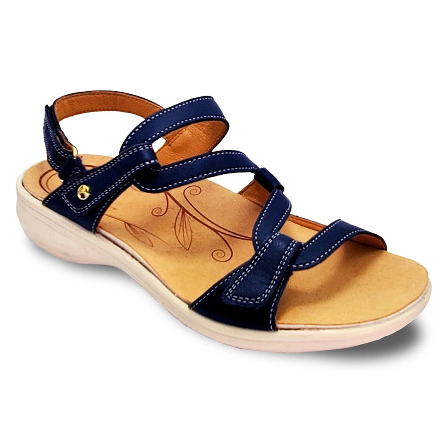 French Blue With Beige Sole Revere Women's Emerald Leather Strappy Sandal Profile View