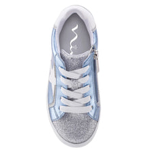 Load image into Gallery viewer, Light Blue With White And Silver Nina Doll Girl&#39;s Evon Vegan Metallic Leather With Glitter Double Velcro Strap Casual Sneaker Sizes 13 and 1 to 6 Top View
