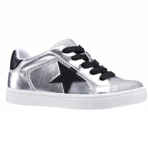 Silver With White And Black Nina Doll Girl's Evon Vegan Metallic Leather With Glitter Double Velcro Strap Casual Sneaker Sizes 13 and 1 to 6 Profile View