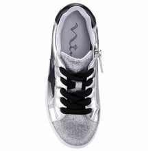 Load image into Gallery viewer, Silver With White And Black Nina Doll Girl&#39;s Evon Vegan Metallic Leather With Glitter Double Velcro Strap Casual Sneaker Sizes 13 and 1 to 6 Top View
