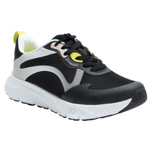 Load image into Gallery viewer, Black And White With Yellow Alegria Women&#39;s Exhault Cyber Carbon Mesh Athletic Sneaker Profile View

