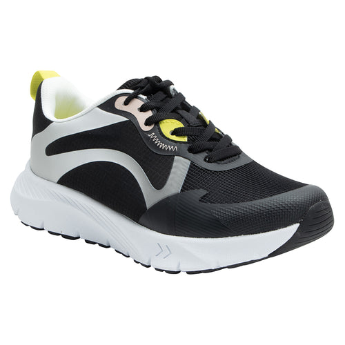 Black And White With Yellow Alegria Women's Exhault Cyber Carbon Mesh Athletic Sneaker Profile View