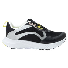 Load image into Gallery viewer, Black And White With Yellow Alegria Women&#39;s Exhault Cyber Carbon Mesh Athletic Sneaker Side View
