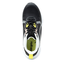 Load image into Gallery viewer, Black And White With Yellow Alegria Women&#39;s Exhault Cyber Carbon Mesh Athletic Sneaker Top View
