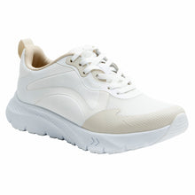 Load image into Gallery viewer, White And Beige Alegria Women&#39;s Exhault Cyber Carbon Mesh Athletic Sneaker Profile View
