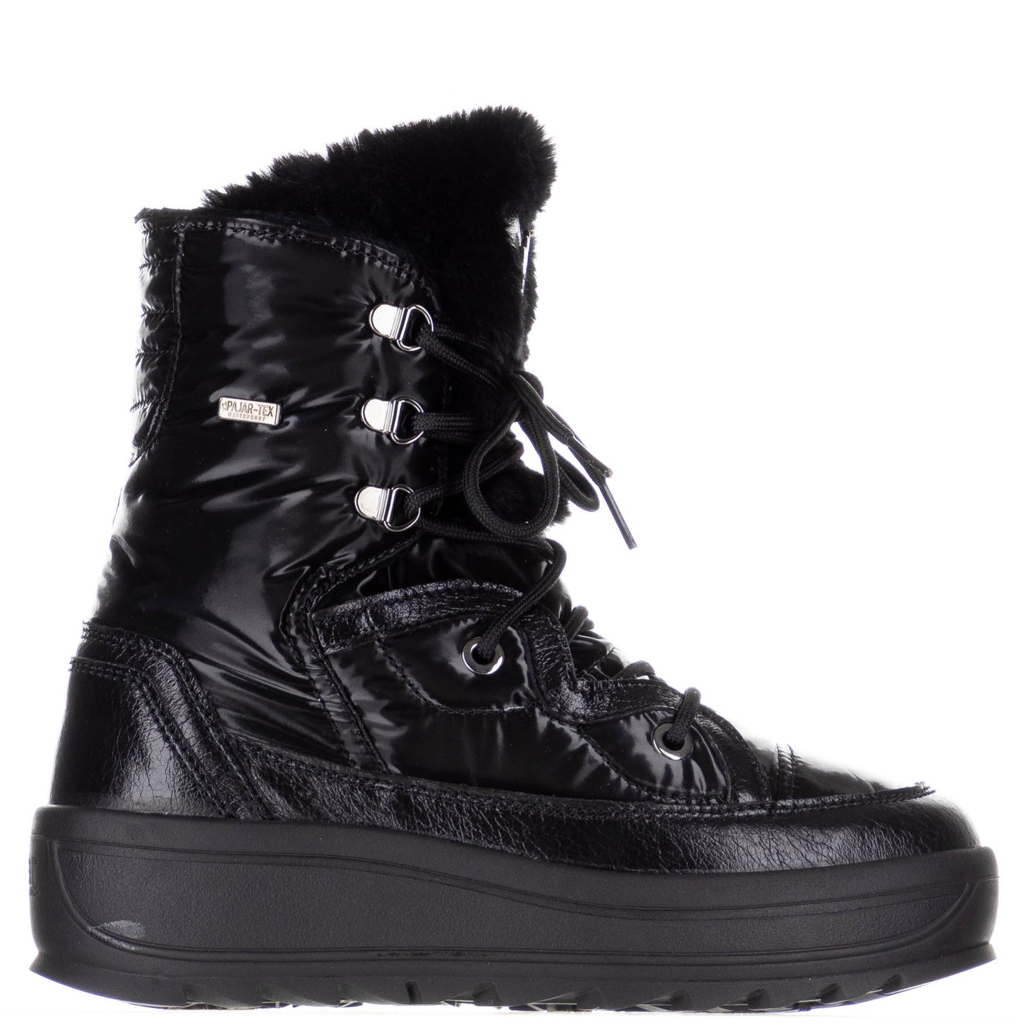 Black Pajar Women's Tacey Low 2.0 Waterproof Nylon And Nubuck Winter Combat Boot Faux Fur Lining And Tongue Side View