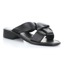 Load image into Gallery viewer, Black Bos And Co Women&#39;s Knick Leather Cross Strap Low Block Heel Slide Sandal Profile View
