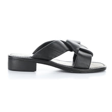 Load image into Gallery viewer, Black Bos And Co Women&#39;s Knick Leather Cross Strap Low Block Heel Slide Sandal Side View
