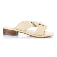 Load image into Gallery viewer, Cream Beige With Brown Sole Bos And Co Women&#39;s Knick Leather Cross Strap Low Block Heel Slide Sandal Side View
