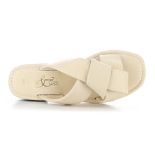 Load image into Gallery viewer, Cream Beige With Brown Sole Bos And Co Women&#39;s Knick Leather Cross Strap Low Block Heel Slide Sandal Top View

