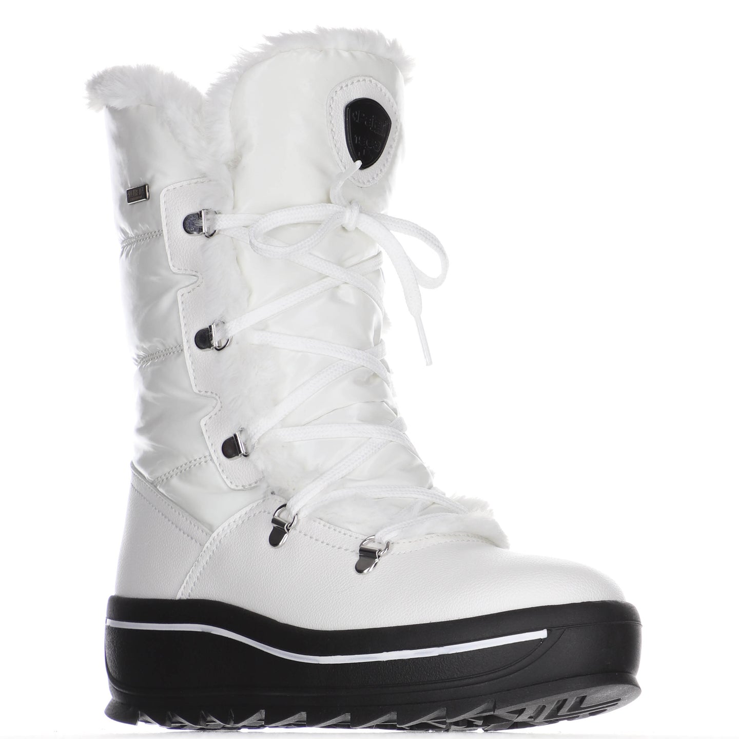 White With Black Sole Pajar Women's Tarin Waterproof Nylon Mid Height Winter Combat Boot Faux Fur Lining Profile View