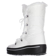 Load image into Gallery viewer, White With Black Sole Pajar Women&#39;s Tarin Waterproof Nylon Mid Height Winter Combat Boot Faux Fur Lining Back View
