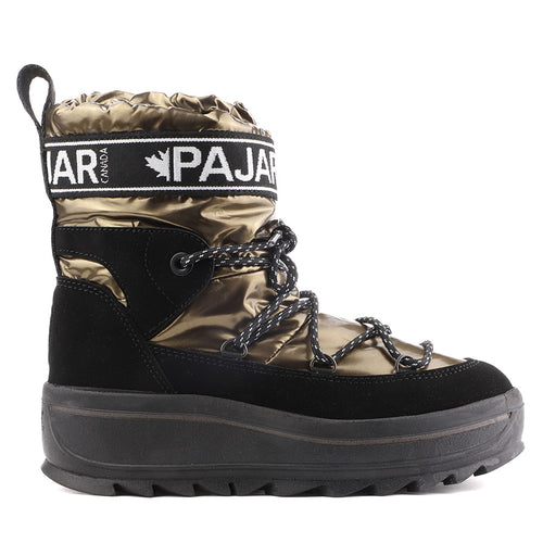 Metallic Bronze And Black Pajar Women's Galaxy Waterproof Nylon Puffy Winter Ankle Boot Side View