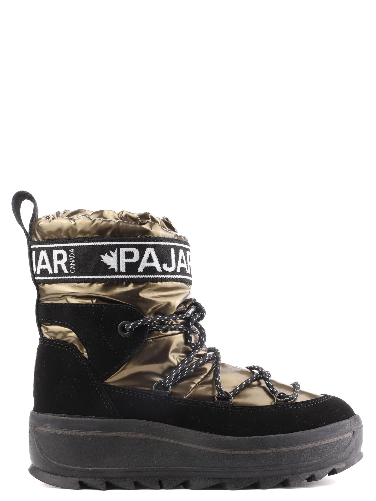 Metallic Bronze And Black Pajar Women's Galaxy Waterproof Nylon Puffy Winter Ankle Boot Side View