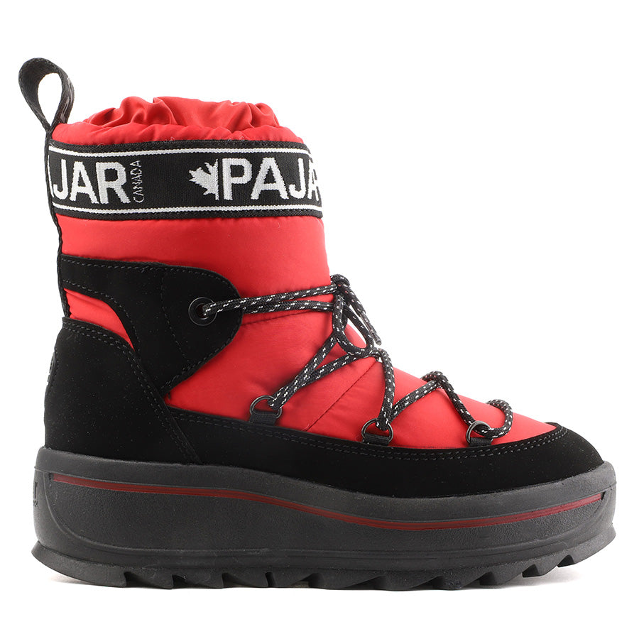 Red And Black Pajar Women's Galaxy Waterproof Nylon Puffy Winter Ankle Boot Side View