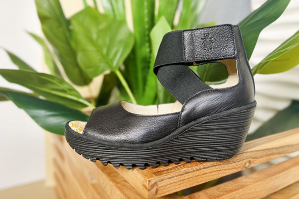 Fly London Yefi Wedge Sandal Women's Lifestyle Single On Wooden Table Harry's Shoes Upper West Side NYC