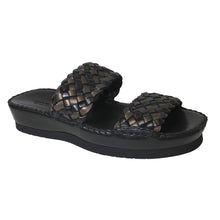 Load image into Gallery viewer, Black And Bronze Robert Zur Women&#39;s Gala Woven Leather And Metallic Leather Double Strap Slide Sandal Profile View
