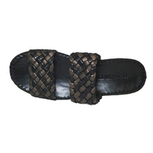 Load image into Gallery viewer, Black And Bronze Robert Zur Women&#39;s Gala Woven Leather And Metallic Leather Double Strap Slide Sandal Top View
