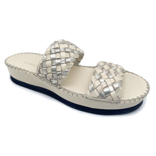 Bone Beige And Silver Robert Zur Women's Gala Woven Leather And Metallic Leather Double Strap Slide Sandal Profile View