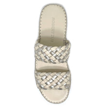 Load image into Gallery viewer, Bone Beige And Silver Robert Zur Women&#39;s Gala Woven Leather And Metallic Leather Double Strap Slide Sandal Top View
